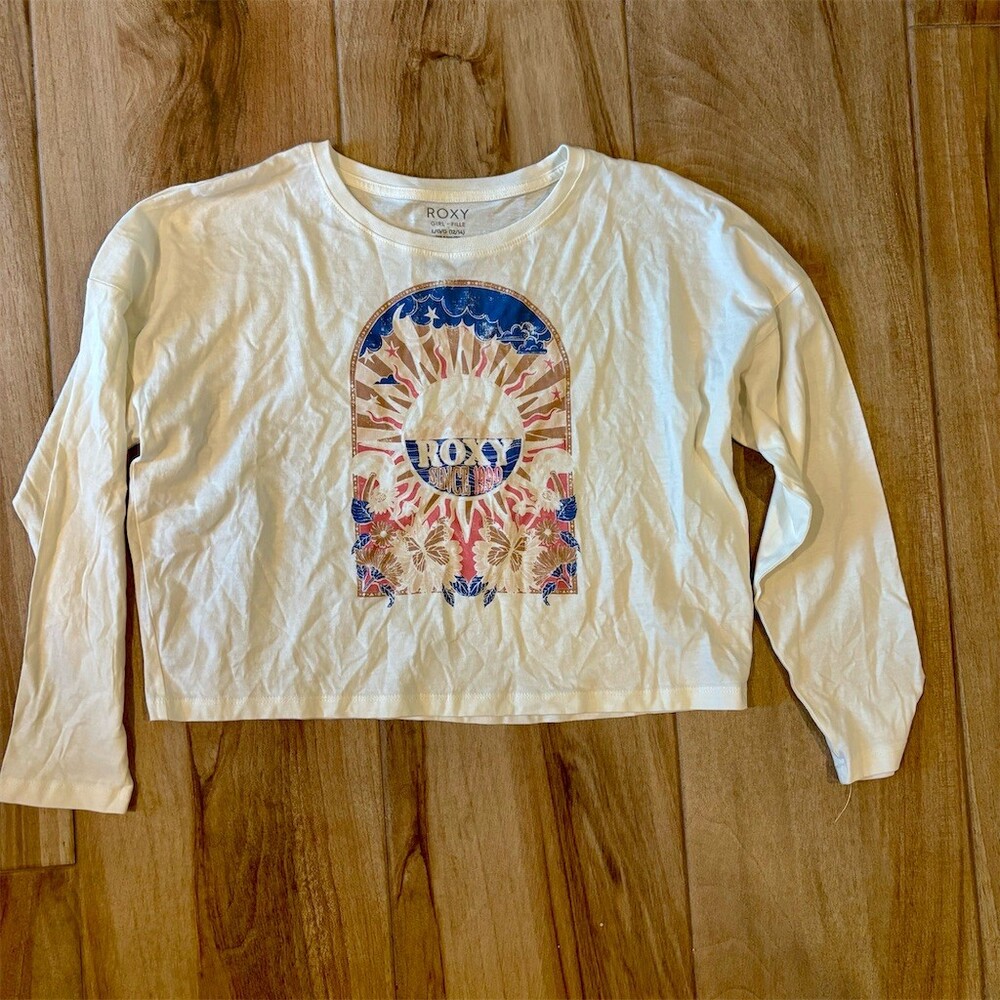 Roxy Girls Long Sleeve Graphic Tee White ROXY Since 1990 Sun Moon Size L